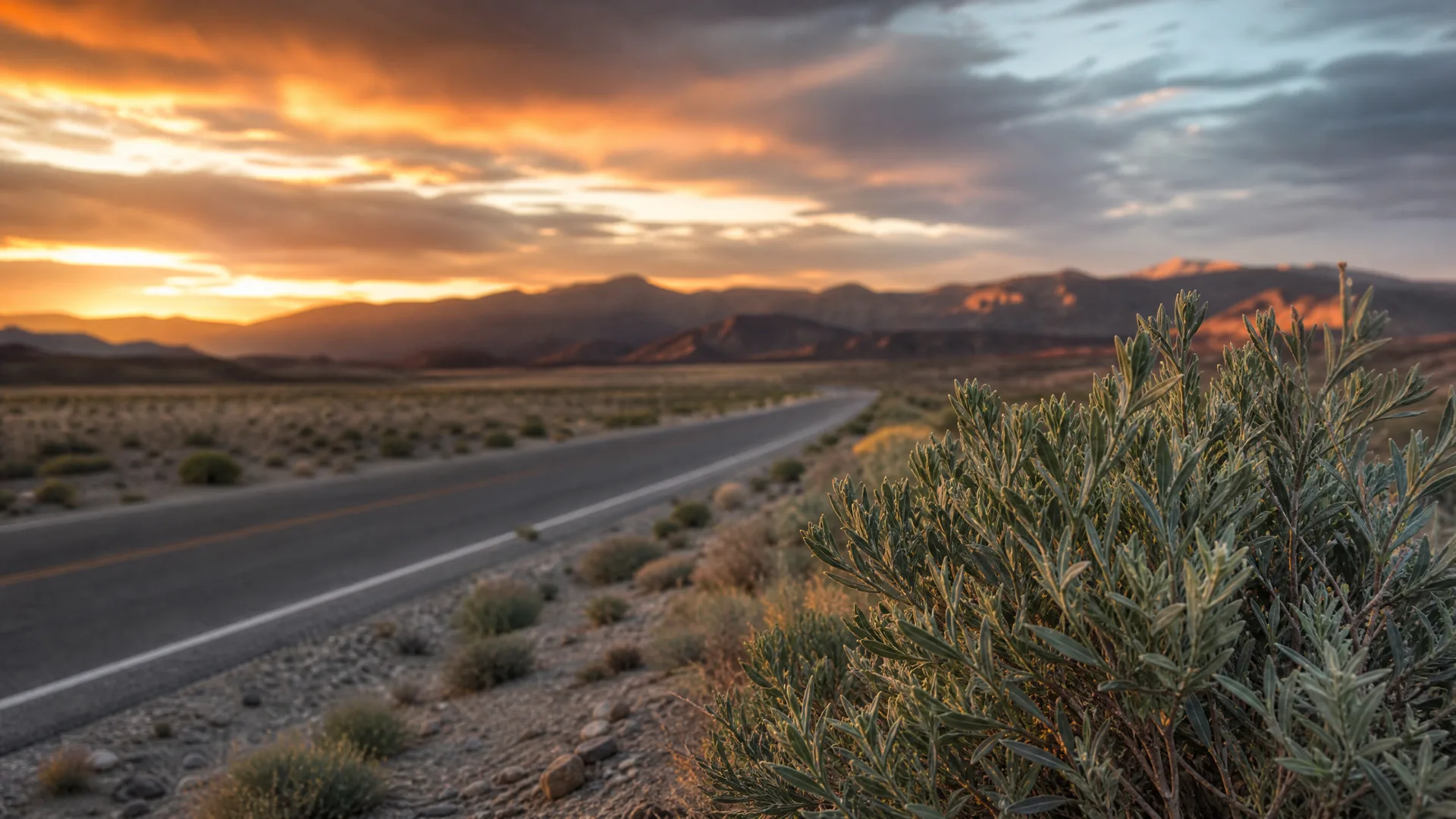 A two-lane paved road with yellow and white lines runs through desert scrub toward distant mountains under an orange and grey cloudy sky, with a leafy shrub in sharp focus in the foreground at right.