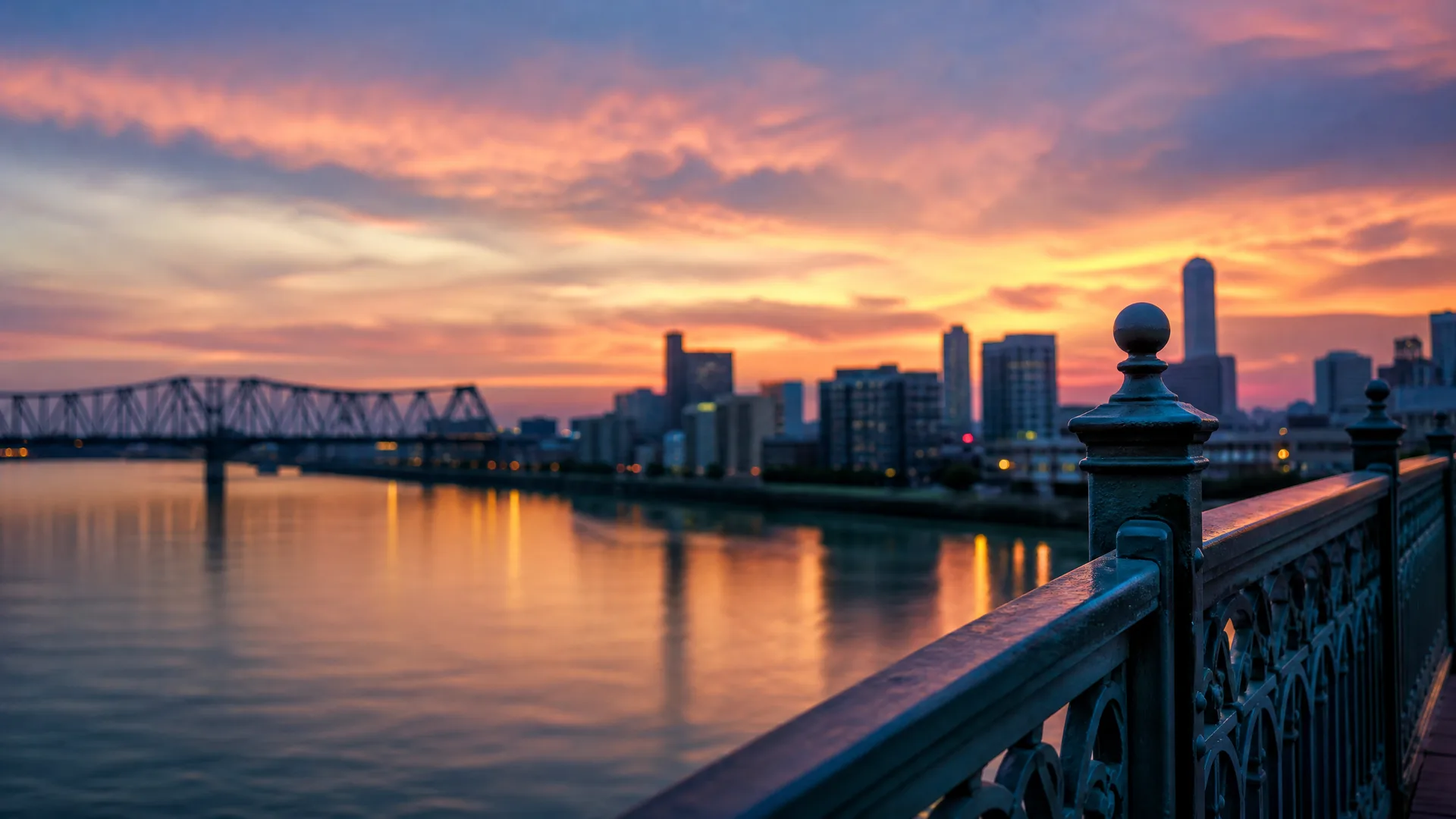 View from an ornate metal railing over a river at sunset, with a blurred city skyline and a steel truss bridge in the background under orange and purple clouds.
