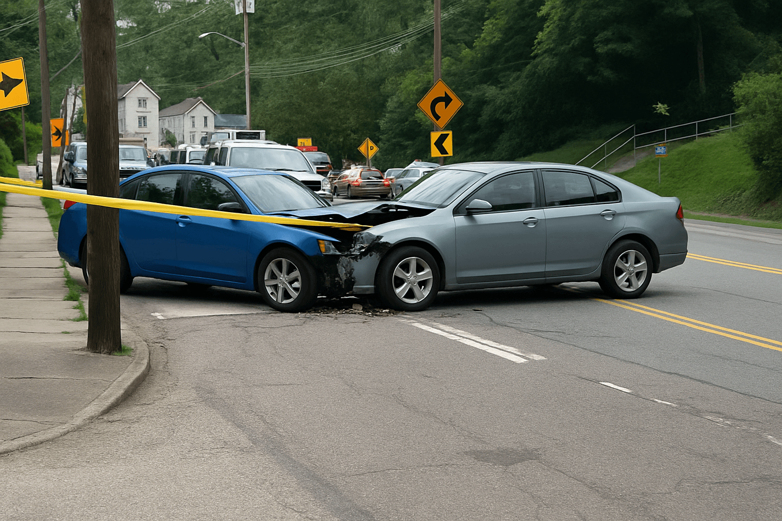 Car accident scene with two damaged sedans collided on street, yellow police tape visible, traffic backed up